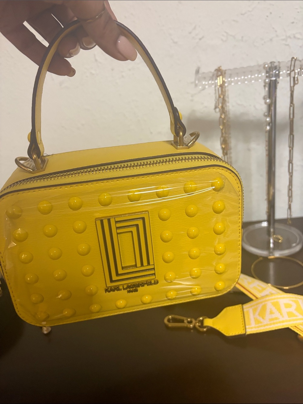 Karl Lagerfeld Yellow Studded Mini Top-Handle Bag - Picture 6 of 8